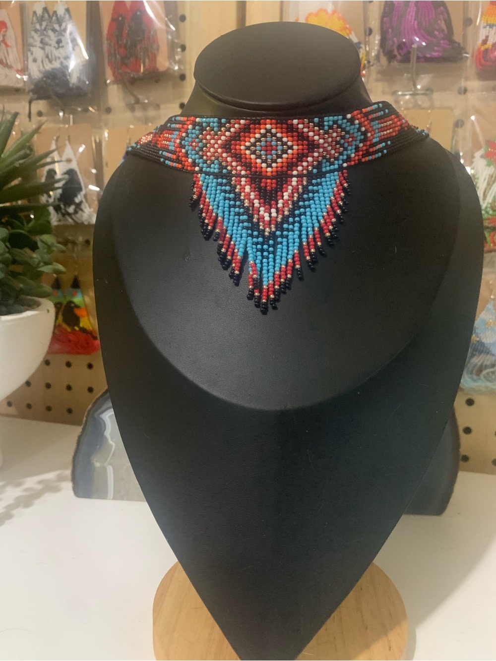 Handcrafted Beaded Fringe Necklace - Turquoise & Coral Accent